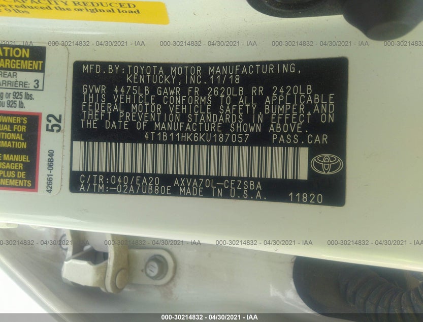 4T1B11HK6KU187057