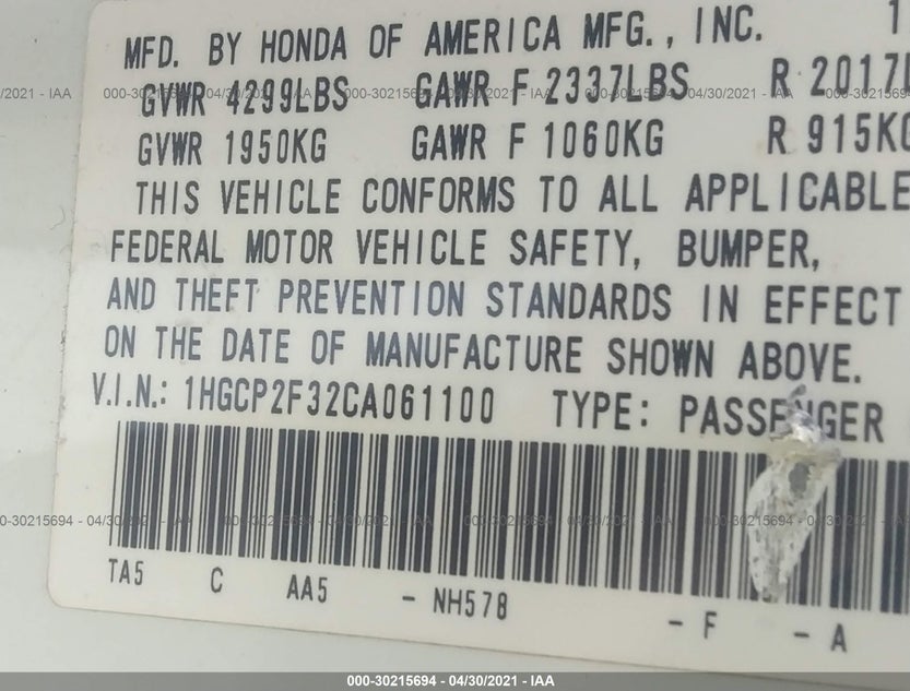 1HGCP2F32CA061100