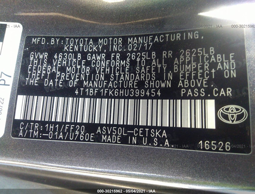 4T1BF1FK6HU399454