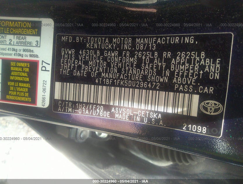 4T1BF1FK5DU296472