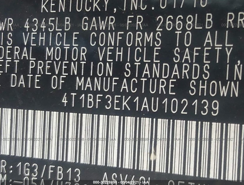 4T1BF3EK1AU102139
