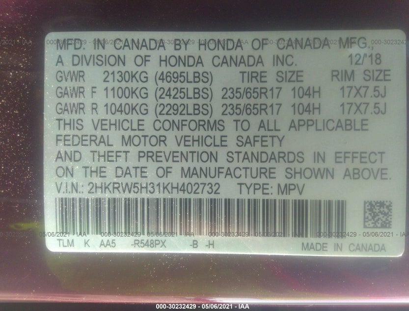 2HKRW5H31KH402732