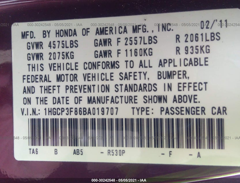 1HGCP3F86BA019707