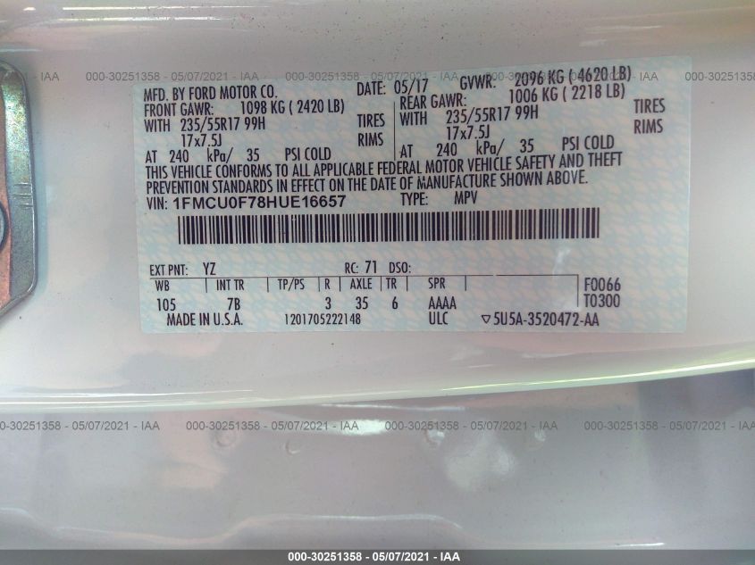 1FMCU0F78HUE16657 2017 Ford Escape S