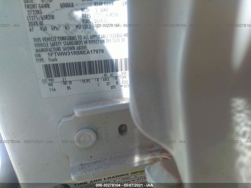 2008 Ford F-350 Xlt/Harley-Davidson/Fx4/Lariat/King Ranch/Xl VIN: 1FTWW31R58EA17978 Lot: 30278104