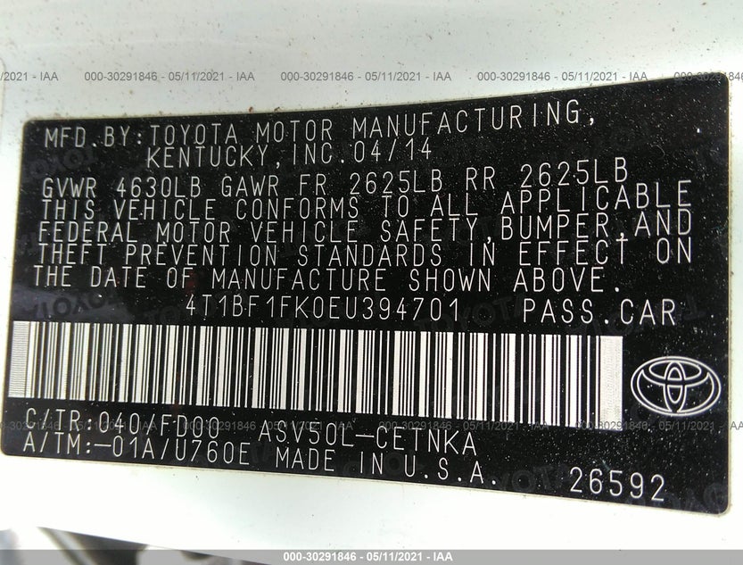4T1BF1FK0EU394701