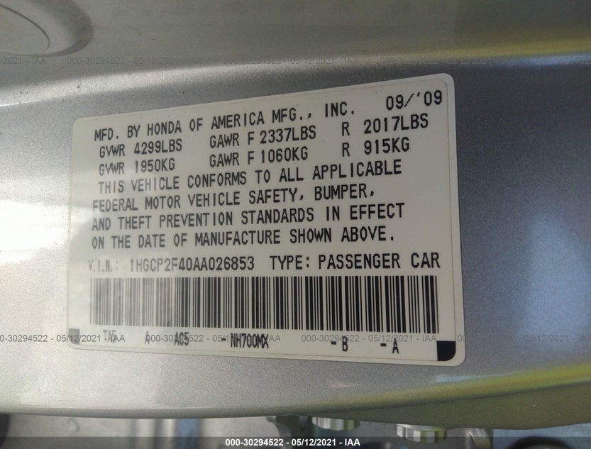 1HGCP2F40AA026853