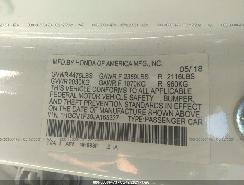 1HGCV1F39JA165337