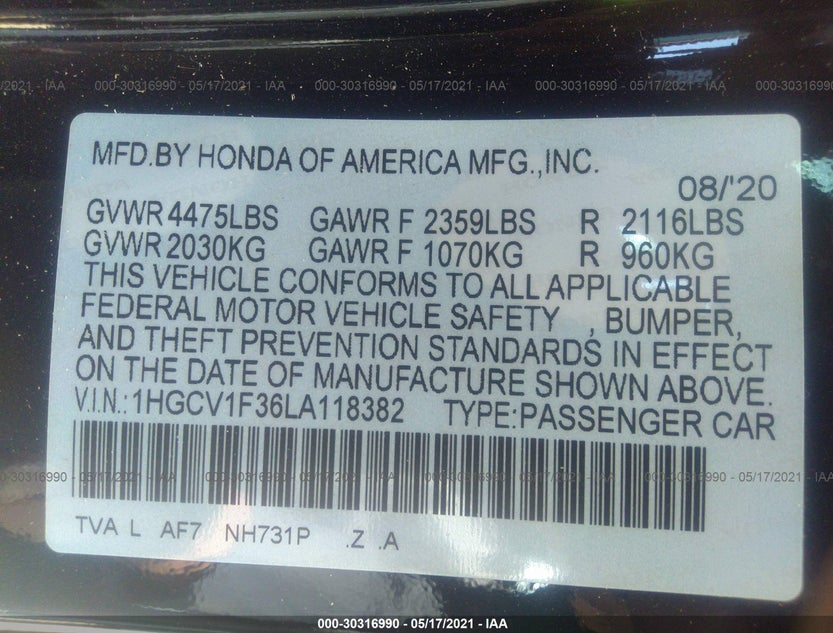 1HGCV1F36LA118382