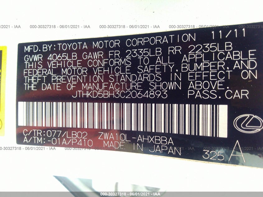 2012 LEXUS CT 200H VIN: JTHKD5BH3C2064893