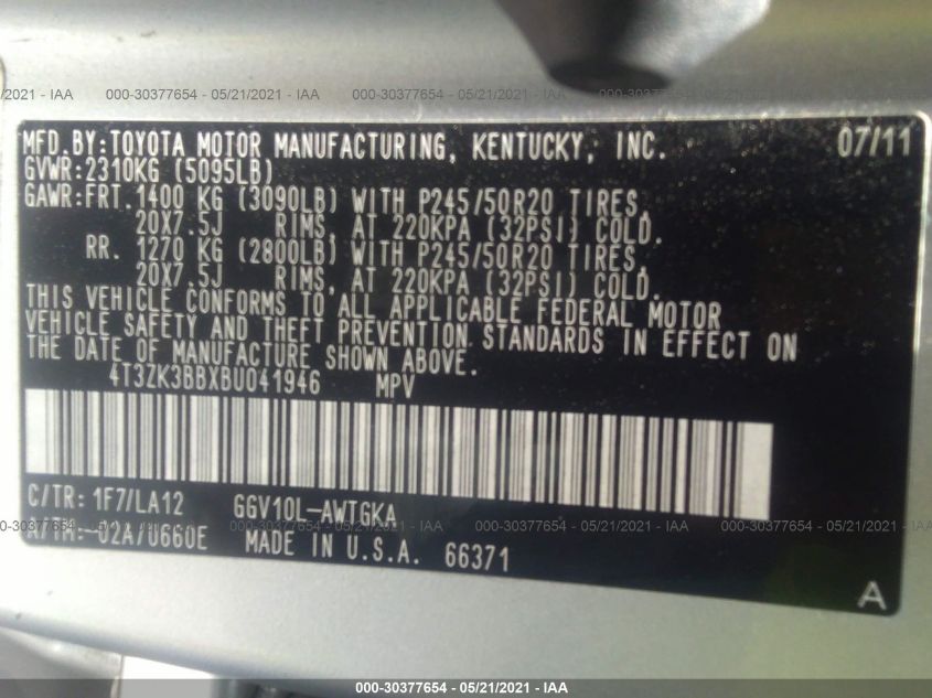 2011 Toyota Venza Base V6 VIN: 4T3ZK3BBXBU041946 Lot: 30377654