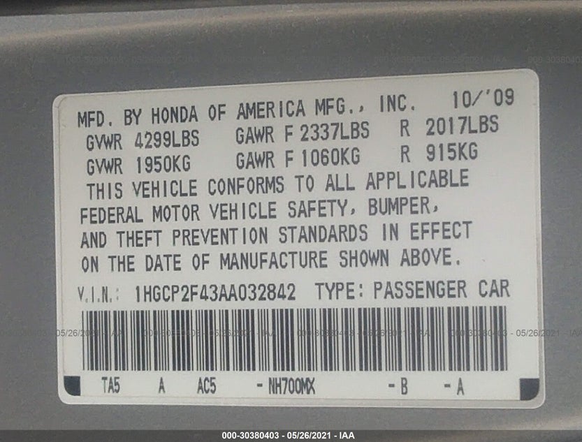 1HGCP2F43AA032842