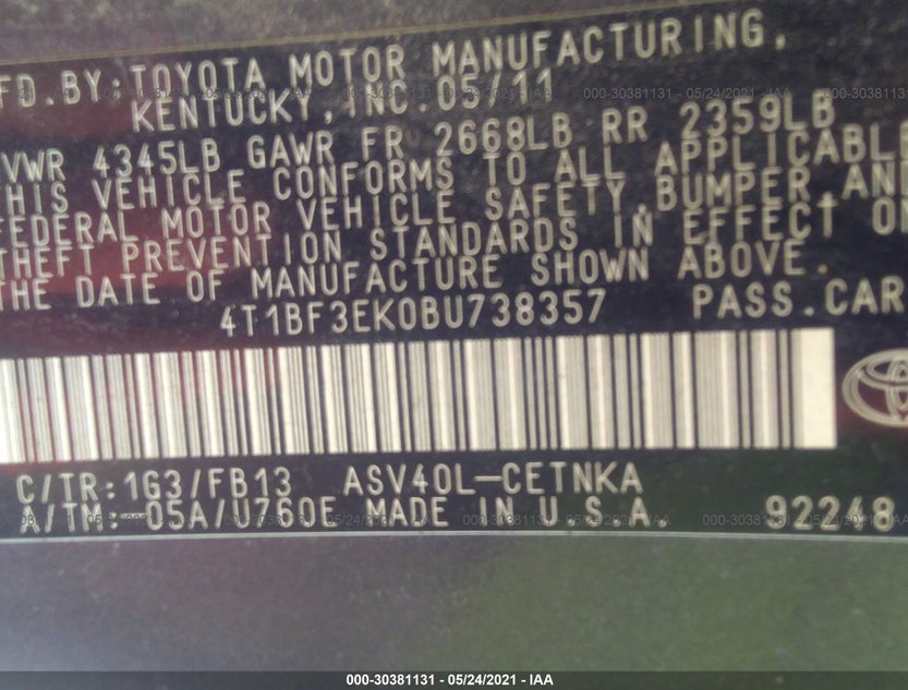 4T1BF3EK0BU738357