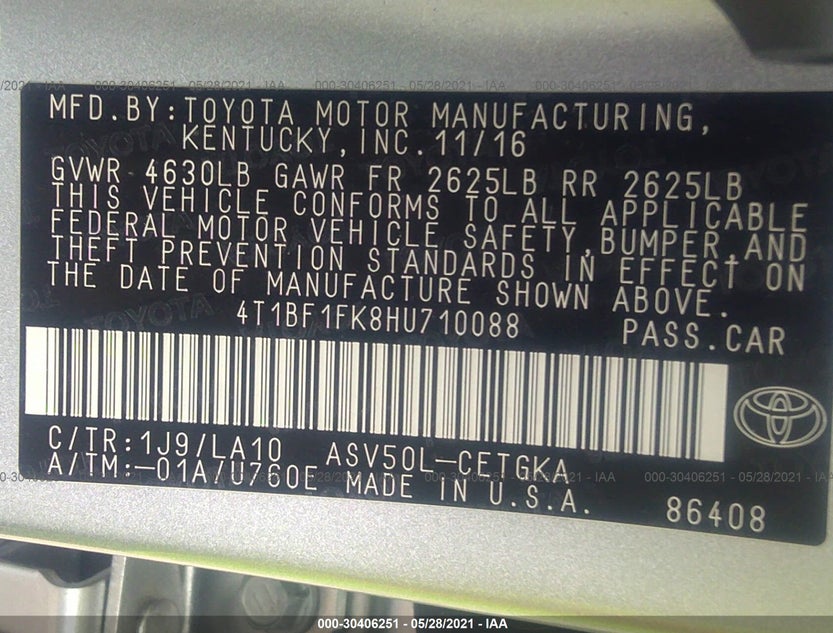 4T1BF1FK8HU710088