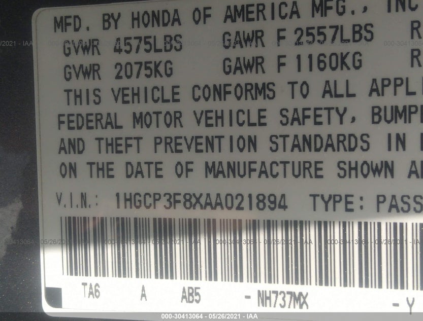 1HGCP3F8XAA021894