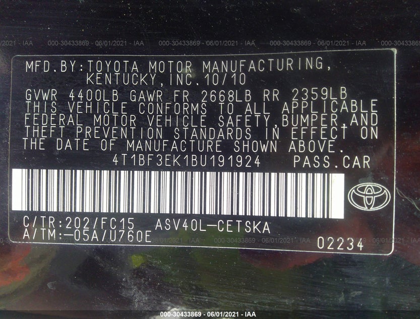 4T1BF3EK1BU191924