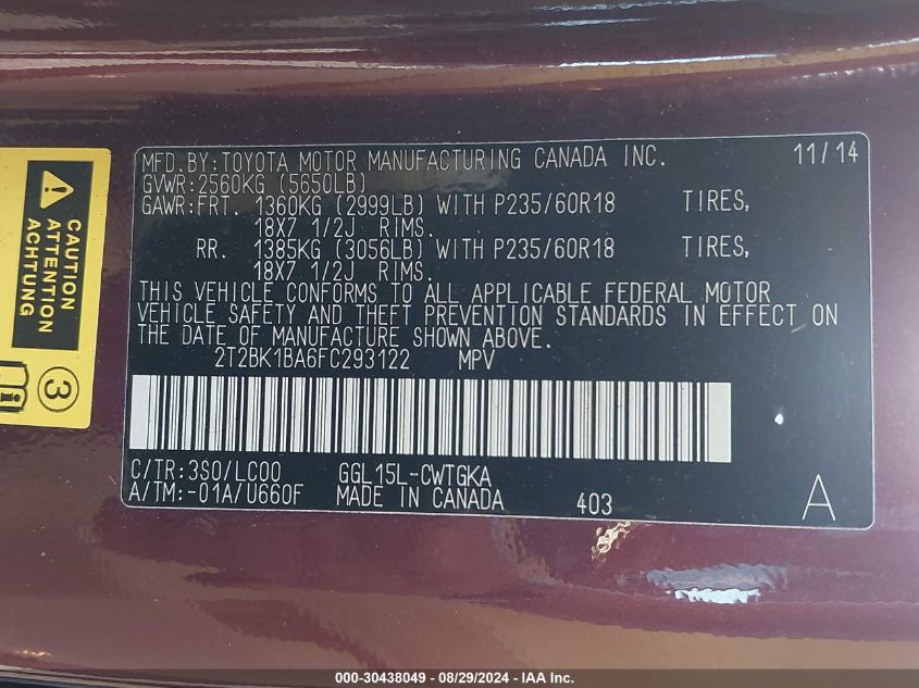 2015 Lexus Rx 350 VIN: 2T2BK1BA6FC293122 Lot: 30438049