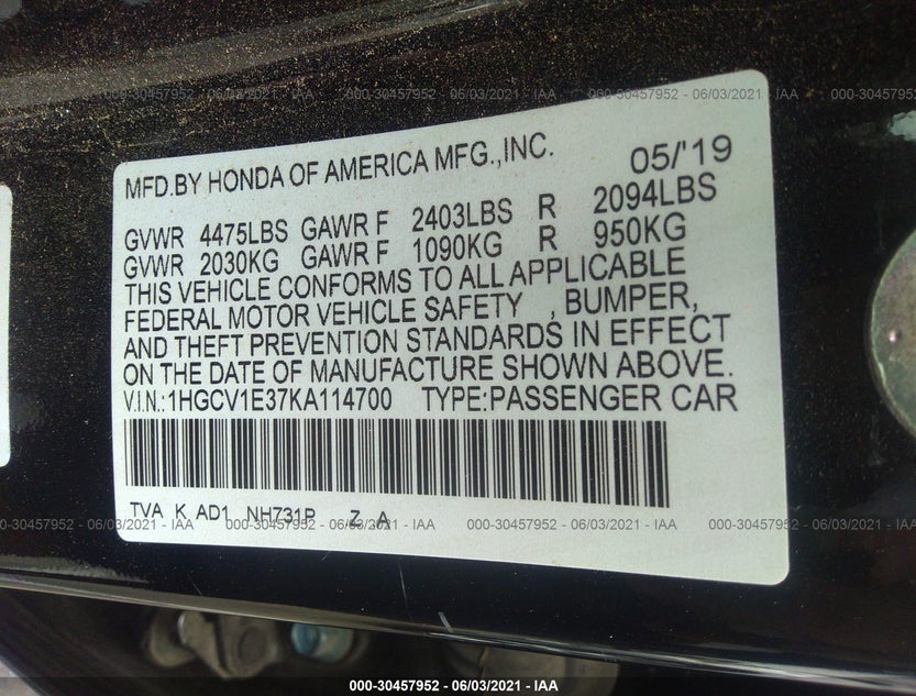 1HGCV1E37KA114700