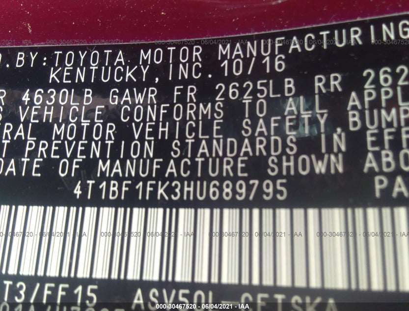 4T1BF1FK3HU689795