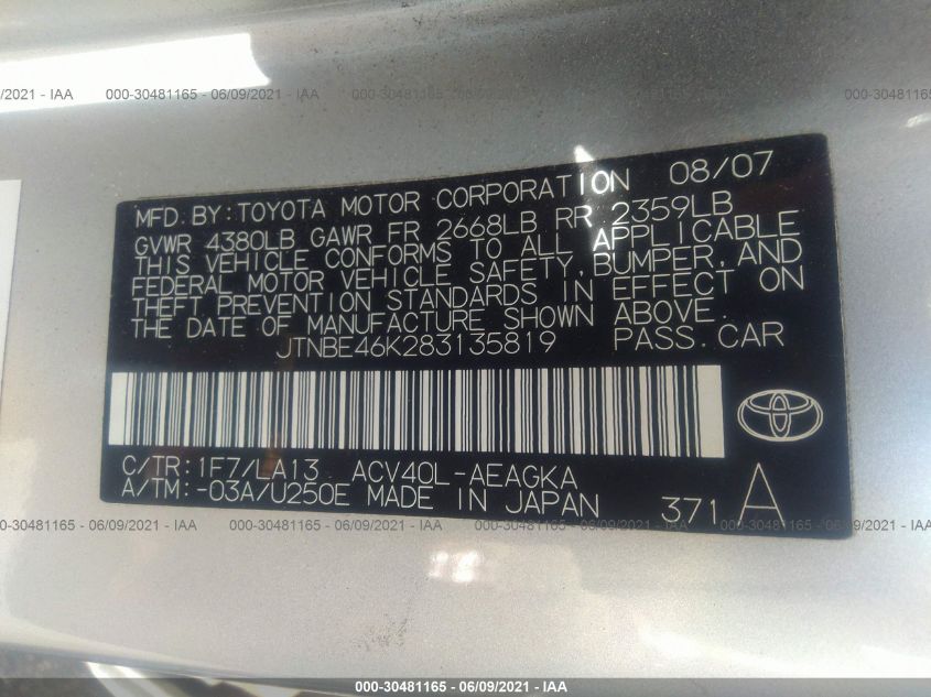 2008 Toyota Camry Xle/Le/Se VIN: JTNBE46K283135819 Lot: 30481165