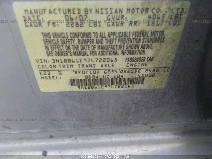2007 Nissan Sentra Se-R VIN: 3N1BB61E97L722065 Lot: 30530314