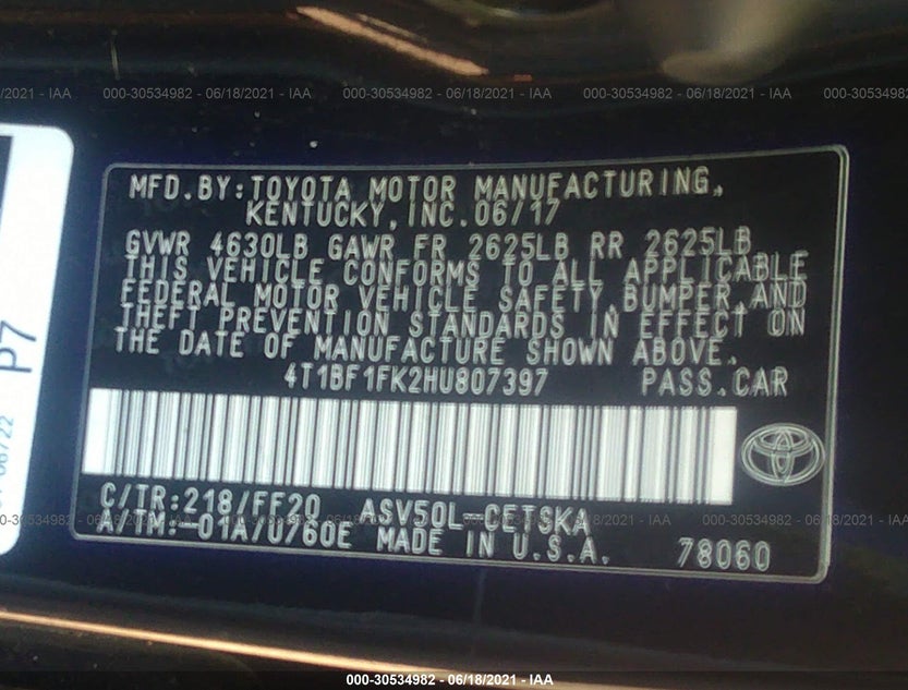 4T1BF1FK2HU807397