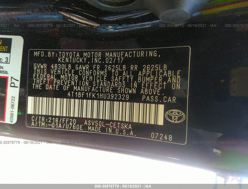 4T1BF1FK1HU392329