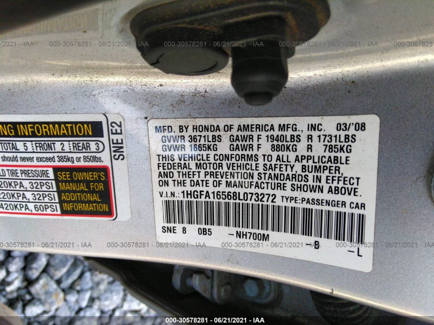 1HGFA16568L073272 2008 Honda Civic Lx