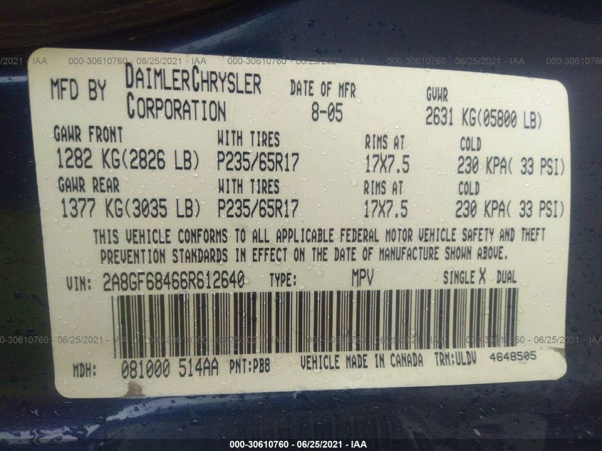 2006 Chrysler Pacifica Touring VIN: 2A8GF68466R612640 Lot: 30610760