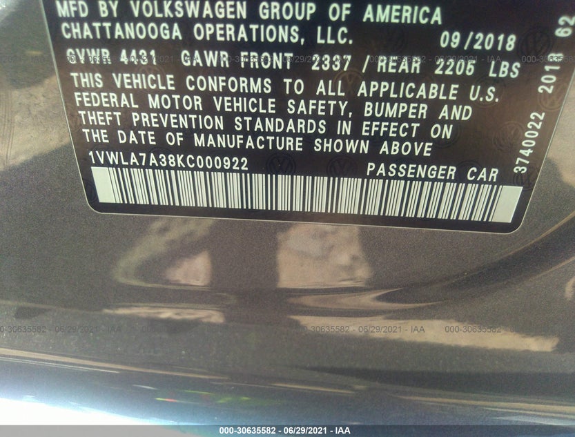 1VWLA7A38KC000922