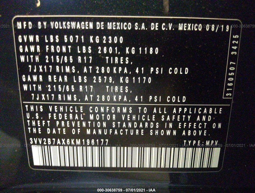 3VV2B7AX6KM196177