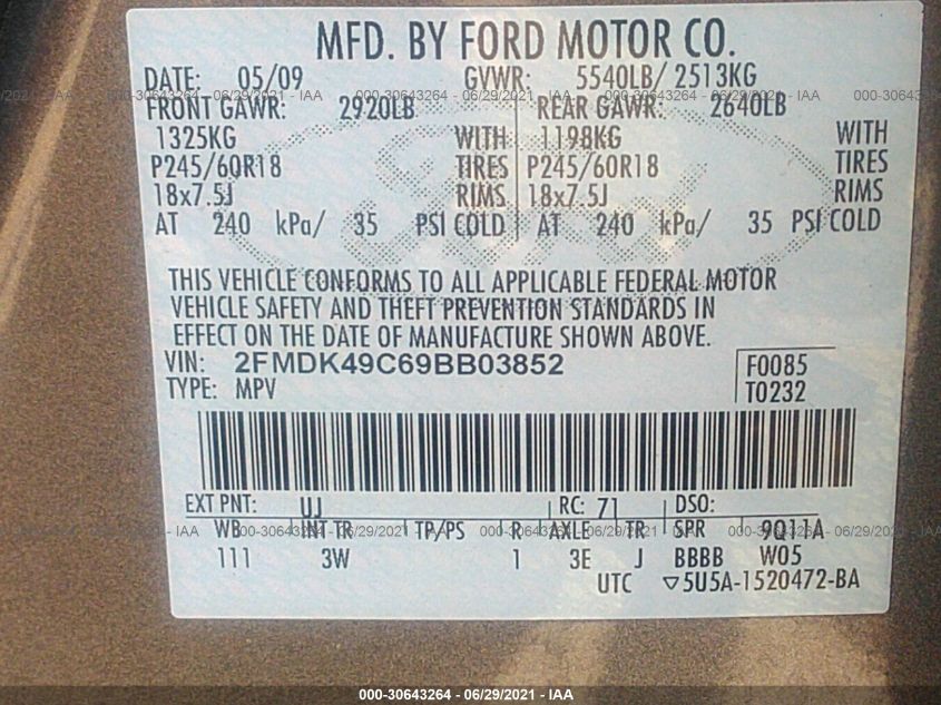 2FMDK49C69BB03852 2009 Ford Edge Limited