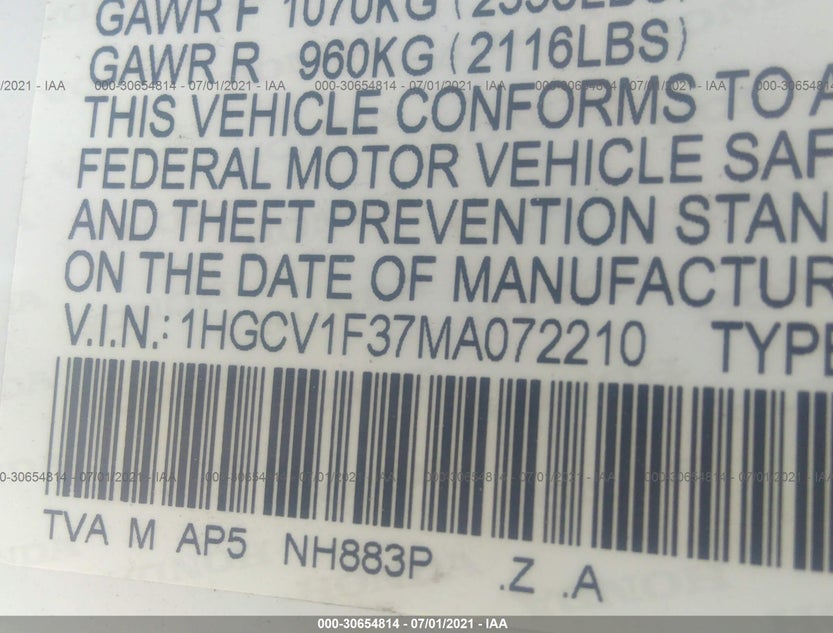 1HGCV1F37MA072210