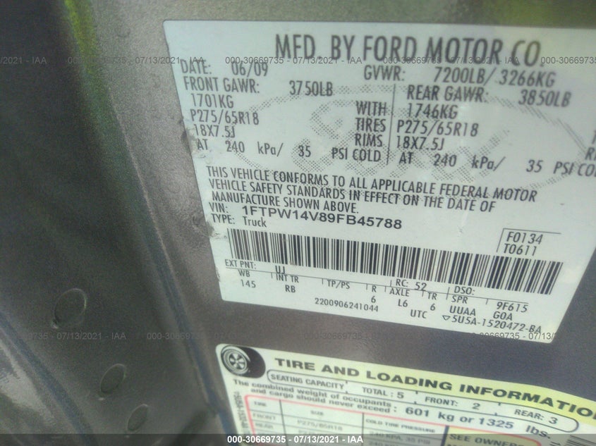 2009 FORD F-150 VIN: 1FTPW14V89FB45788