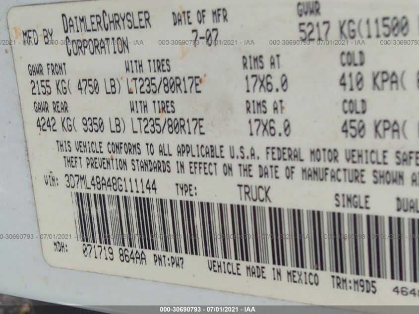 2008 Dodge Ram 3500 Slt VIN: 3D7ML48A48G111144 Lot: 30690793