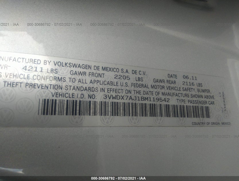 3VWDX7AJ1BM119542