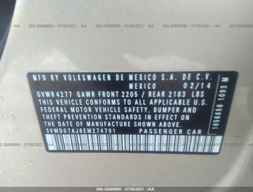 3VWD07AJ6EM274791