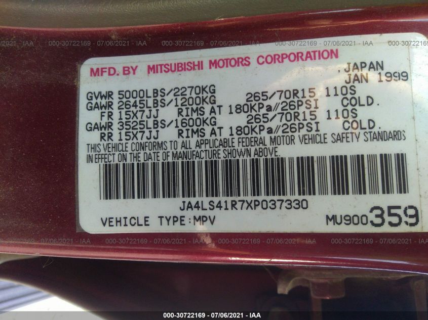 1999 Mitsubishi Montero Sport Ltd VIN: JA4LS41R7XP037330 Lot: 30722169