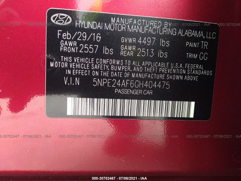 5NPE24AF6GH404475 2016 Hyundai Sonata