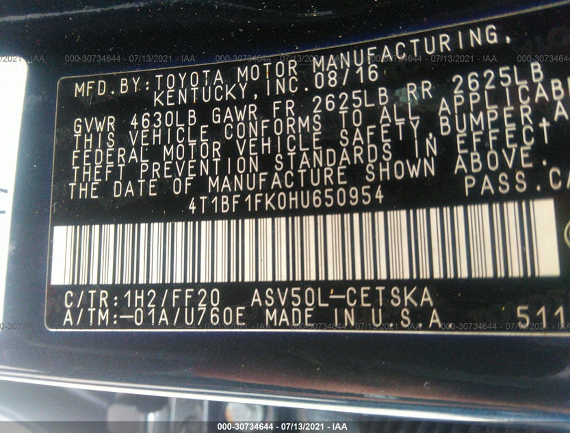4T1BF1FK0HU650954