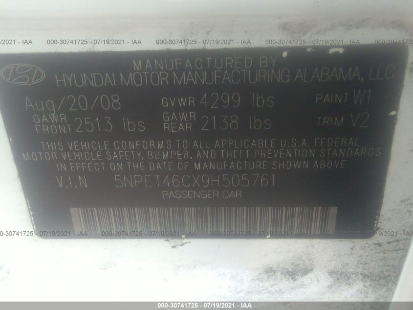 5NPET46CX9H505761 2009 Hyundai Sonata Gls