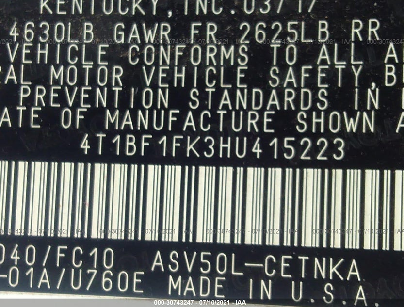 4T1BF1FK3HU415223