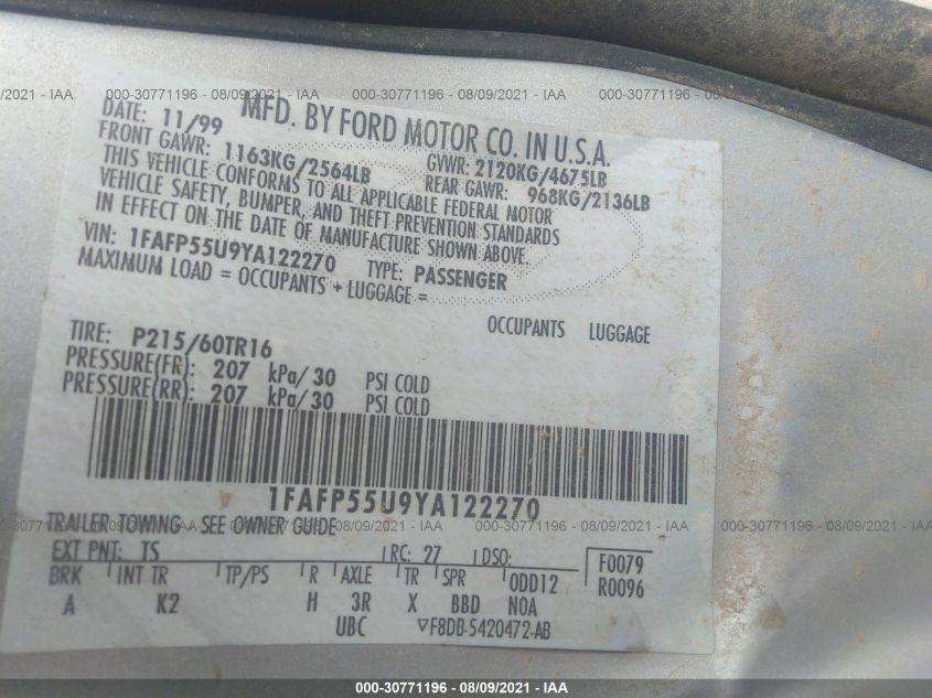 1FAFP55U9YA122270 2000 Ford Taurus Ses