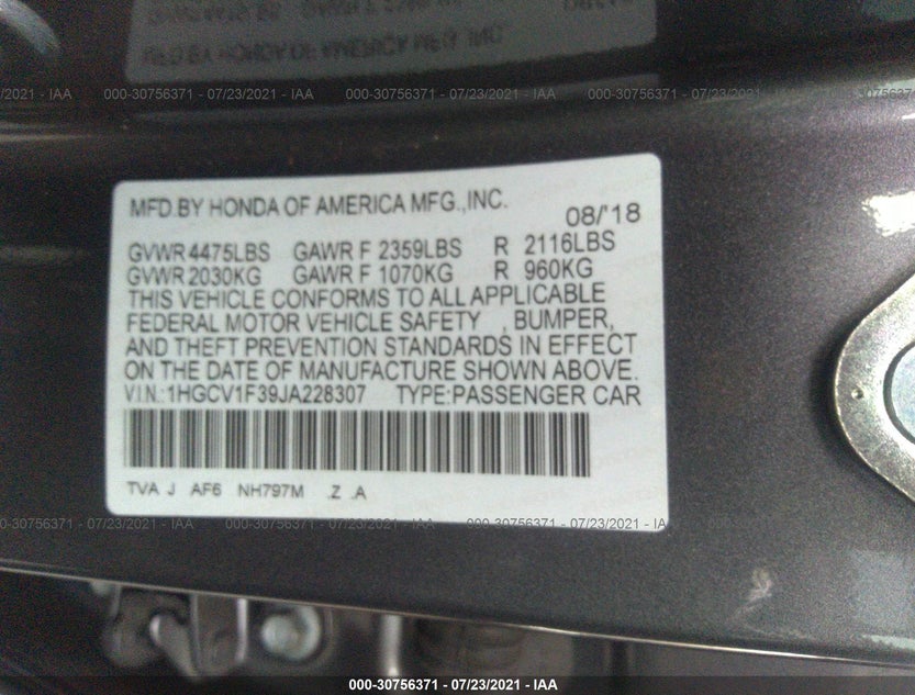 1HGCV1F39JA228307