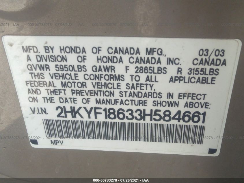 2003 Honda Pilot Ex-L VIN: 2HKYF18633H584661 Lot: 30783278