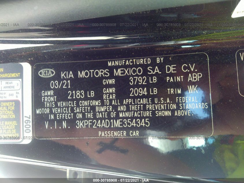 3KPF24AD1ME354345 2021 Kia Forte Fe