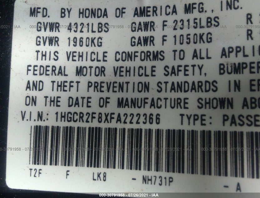 1HGCR2F8XFA222366