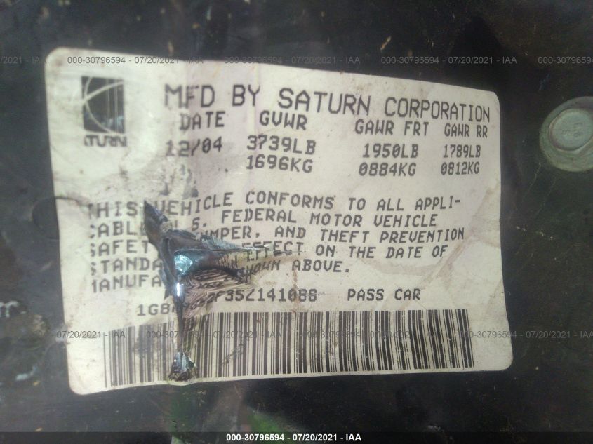 2005 Saturn Ion 1 VIN: 1G8AG52F35Z141088 Lot: 30796594