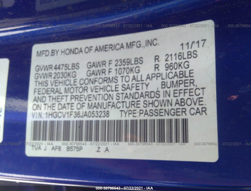 1HGCV1F36JA053238
