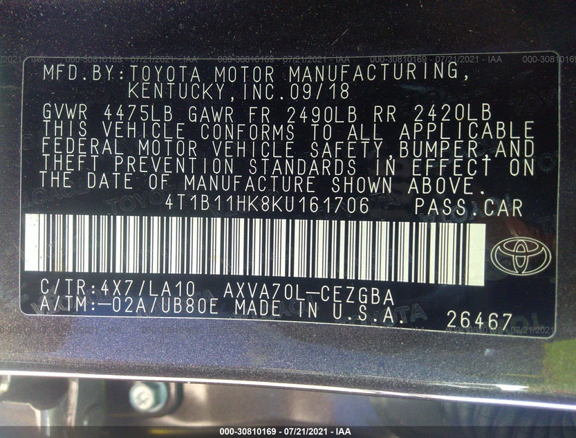 4T1B11HK8KU161706